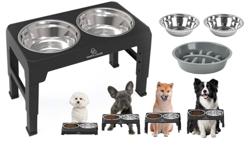 Adjustable Raised Dog Feeder 3 Bowls (2 Stainless Steel + 1 Slow Feeder) – Foldable Non-Slip Pet Food & Water Stand – Easy to Clean, Modern Design – Elevated Dog Bowls Stand for Small & Medium Dogs