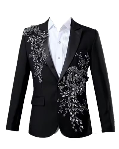 FKLYJZ Luxury Black Men's 2 Piece Suit Beads Crystal Party Wedding Tuxedo Suits Blazer Jacket Pants Set Fashion Costume MA01-Black-56