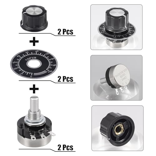 ALLECIN 2 Stück RV24YN20S 2K Ohm Potentiometer Single Turn B202 Taper Drehpotentiometer 3 Klemmen Einzeldrehung Kohlefilm-Potentiometer Variable Widerstände mit A03 Drehknöpfe und Zifferblatt