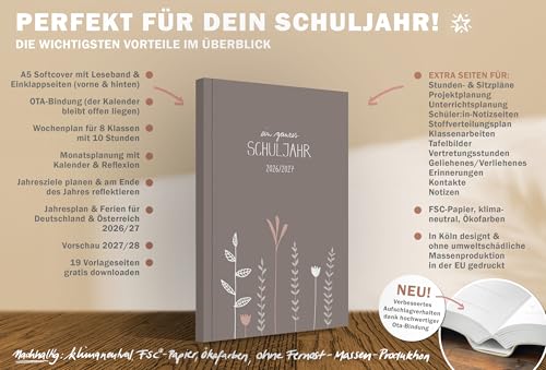 Eine der Guten Lehrerkalender 2026/2027 A5 Softcover – Lehrerplaner Schuljahr 2026 2027 | Leseband, Notenlisten & Klassenlisten | nachhaltig, FSC-Papier, klimaneutral | Grau Weiß Rosa mit Blumen