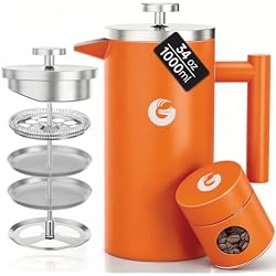 Coffee Gator French Press Coffee Maker 34 oz, Non-Toxic, Orange | Double Wall, 4-Layer Filter, Cold Brew Cafetera Tea Pot for Kitchen Travel Camping, Gifts, Decor, Bar Accessories