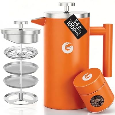 Coffee Gator French Press Coffee Maker 34 oz, Non-Toxic, Orange