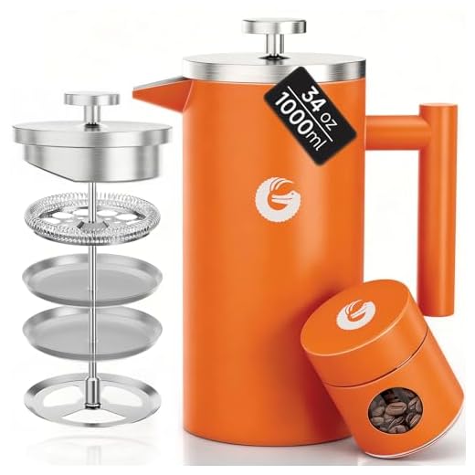 Coffee Gator French Press Coffee Maker - Thermal Insulated Brewer Plus Travel Jar - Large Capacity, Double Wall Stainless Steel - 34oz - Orange