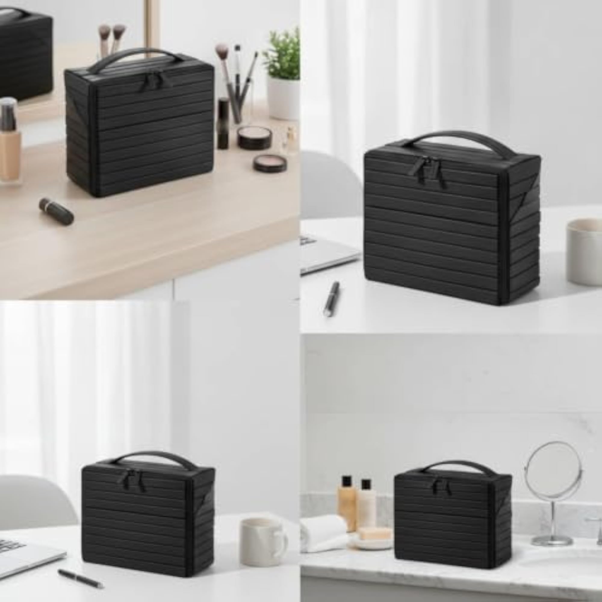 Structured Cosmetic Bag with Handle, Hard-Shell Makeup Organizer