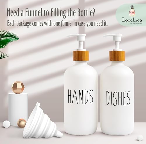 Image of LOOCHICA 2 Pack White Glass Soap Dispenser Set for Kitchen Sink, Hand and Dish Soap, Matte White Finish, Rustic Decor