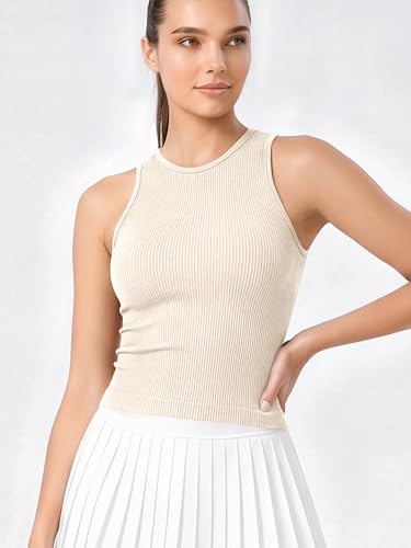 Image of ODODOS 3-Pack Seamless Crop Tank for Women Ribbed Soft High Neck Cropped Tops