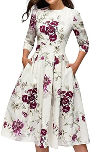 Women's Floral Vintage Dress Elegant Midi Evening Dress 3/4 Sleeves A-line Print Party Bodycon Cocktail Vestidos Dress (X-Large, White)