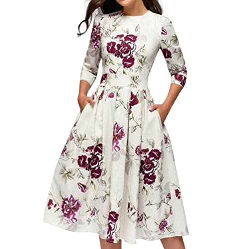 Women's Floral Vintage Dress Elegant Midi Evening Dress 3/4 Sleeves A-Line Print Party Bodycon Cocktail Vestidos Dress (X-Large, White) #TOP4