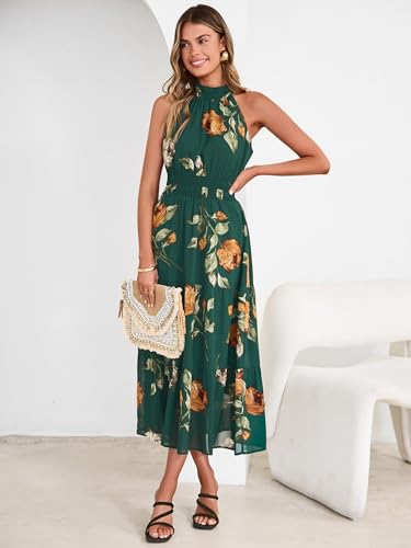 Simplee Womens Summer Halter Wedding Guest Dress Maxi Floral Vacation Boho Sundresses Flowy Formal Long Travel Dresses 2026(Large,Green) #TOP8