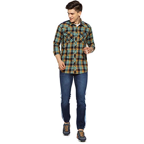 Image of CAHOOT Men' Denim Jeans for Regular Wear Blue Dark Wash Self Patterned Slim Fit Jeans Crafted with Comfort Fit and High Performance for Everyday Casual Wear