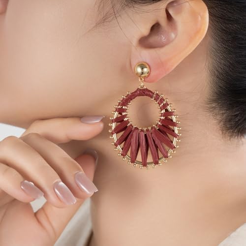 Burgundy Gold Raffia Dangle Drop Earrings Boho Statement Summer Jewelry by Becklynn - Used condition - Image 2
