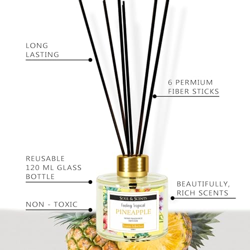 Image of Soul & Scents Pineapple Reed Diffuser Set - 120ml with Free 6 Fiber Reed Sticks Each | Toxin Free & Stress Relief | Long Lasting | Smoke Less Room Freshener for Home, Bedroom & Office | Pack of 2