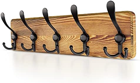 SAYONEYES Rustic Coat Rack Wall Mount with 5 Tri Hooks for Hanging – 17 Inch Heavy Duty Solid Pine Real Wood – Wall Hooks Rack for Bathroom, Bedroom, Entryway (Brown)