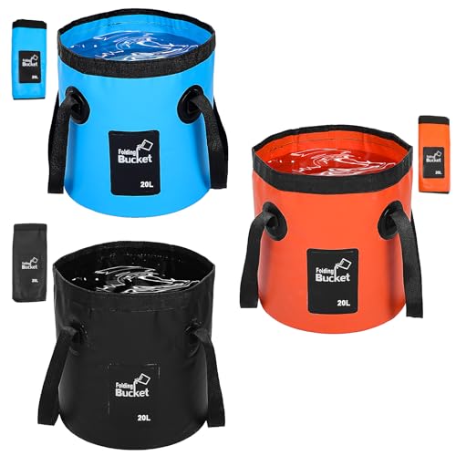 3 Pcs 20L (5-Gallon) Collapsible Bucket Set – Portable Foldable Water Container with Handle for Camping, Hiking, Fishing, Car Washing (Black, Orange, Blue)
