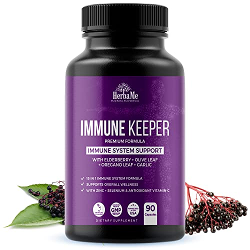 HerbaMe Immune Support Supplement, 15 in 1 Daily Wellness Formula with Elderberry, Quercetin, Zinc, Vitamin C & Selenium, Olive Leaf & Garlic for Men & Women, 90 Capsules