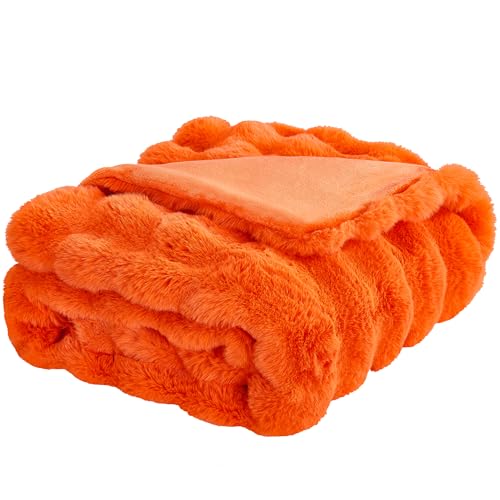 JONIYEAR Large Solid Fall Bubble Faux Rabbit Fur Bed Blanket Full Size 70" x 80", Decorative Puffy Big Warm Fuzzy Blanket for Winter,Extra Thick Shaggy Cozy Comfy Fluffy Blankets for Adult Kid, Orange