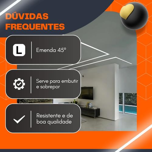 Cantoneira Junção Emenda L 45° Teto/Teto Perfil Led Embutir 24x7MM Branco