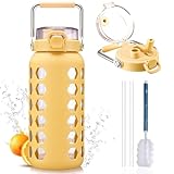 MUKOKO 64oz Glass Water Bottles with Straw and Lid,Half Gallon Water Bottle with Time Marker,Large Glass Water Jug with Silicone Sleeve and Stainless Steel Handle-Yellow