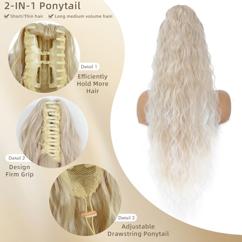 Image of Claw Clip Ponytail Extension 30In Wavy Curly Hair,Ombre Light Blonde