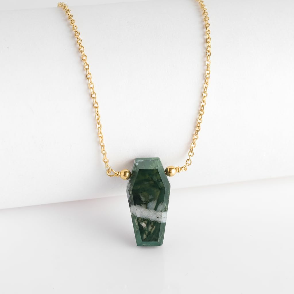 Natural Moss Agate Geometric Coffin Pendant Necklace for Women | Gold Plated Hypoallergenic Abundance Crystal Jewelry | Heart Chakra Nature Stone Gift 16"+2" (Moss Agate) - Image 6