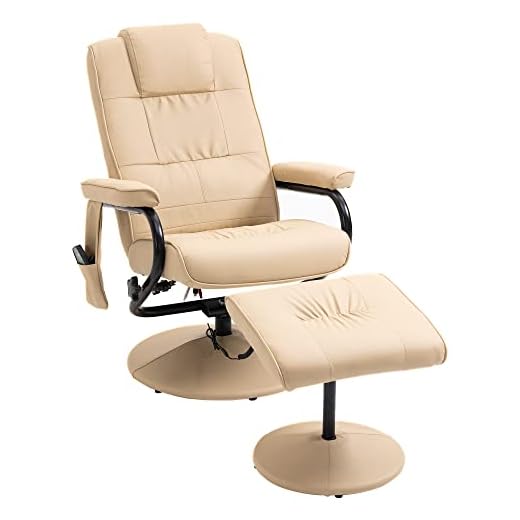 HOMCOM Sillón de Masaje Eléctrico con Taburete Reposapiés Sillón Relax Giratorio Reclinable hasta 145° con Control Remoto y 10 Zonas de Masaje Tapizado en PU 77x84x95 cm Beige