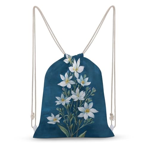 White Flower Green Leaves Drawstring Backpack Canvas String Bag Lightweight Sports Gym Bag for Men Women