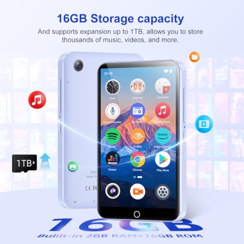Image of MP3 Player with Bluetooth and WiFi, Android Music Player with Camera, 4.0 inch Touch Screen MP4 Player with Spotify, Audible, Amazon Music, Play Store, 16GB Storage (Purple)