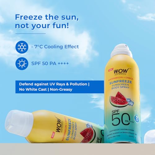 Image of WOW Skin Science Watermelon + Omega Arctic Sunfreeze Sunscreen Spray | SPF 50 PA++++ | -7C Cooling Effect | UV Rays + Pollution Defense | Lightweight, Non-Greasy & Invisible Finish | 100ml