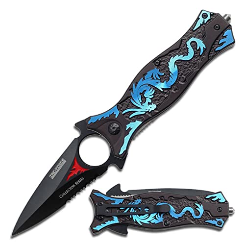 TAC FORCE Spring Assisted Folding Pocket Knife – Black Partially Serrated Blade, Black Aluminum Handle w/ Blue Dragon Design, Glass Punch and Pocket Clip, Tactical, EDC, Rescue - TF-707BL