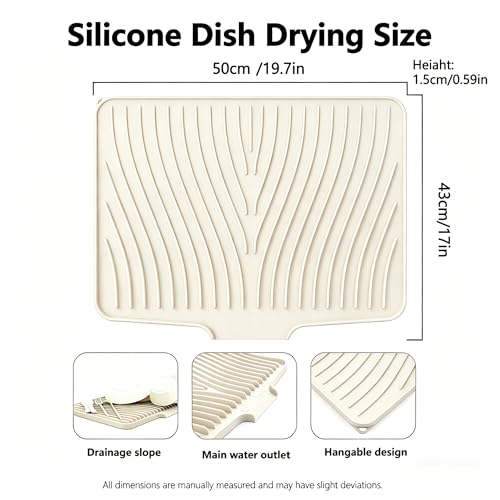 Image of EBIGIC Silicone Dish Drying Mat,19.7 inch*17 inchDish Drying Pad ,Kitchen Accessories,with Built-In and Non-Slip Drain,Easy Clean, Fit for Kitchen, Bar, RV, Refrigerator and Drawer Liner, Off White