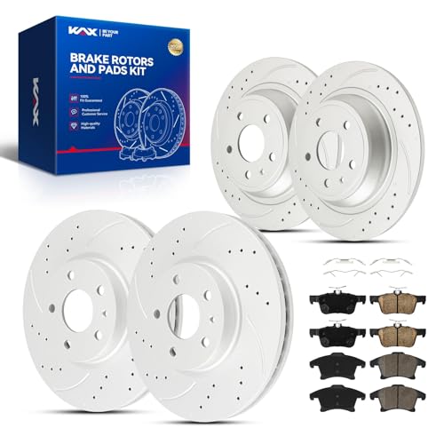KAX 11.81" Front & 11.89" Rear Drilled and Slotted Rotors and Pads Kit For Ford Fusion 2013-2019, Lincoln MKZ 2013-2016