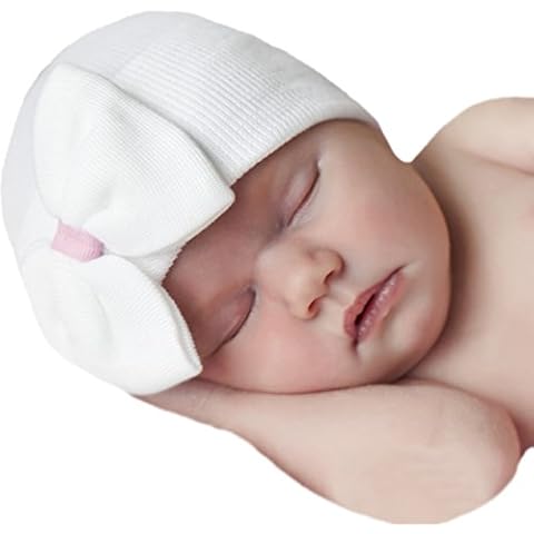 Melondipity Newborn Hospital Hat White - 2 Ply Hospital Fabric - Infant Baby Hat Cap with Big Cute Bow Beanie Cover