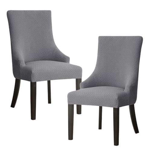 Stretch Jacquard Grey Wingback Dining Chair Cover Set 2 Soft Armchair Slipcover with Elastic Bottom Banquet Home Decor (Grey, Set 2)