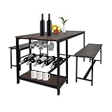 LUCKYERMORE 3-Piece Dining Table Set for 4, 55" Rustic Kitchen Table with 2 Benches, Pub Dining Table with Wine Rack, Glass Holder, for Small Space, Kitchen, Restaurant, Bar, Apartment, Dining Room
