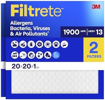 Filtrete 20x20x1 Furnace Air Filter MPR 1900 MERV 13, Healthy Living Ultimate Allergen, 2-Pack (exact dimensions 19.69 x 19.69 x 0.78)