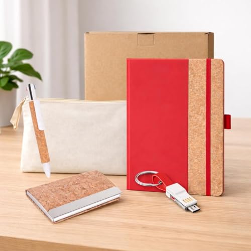 Image of 4 in 1 Diary Gift Set | A5 Cork Notebook | Stainless Steel Visiting Card Holder | 3-in-1 Charging Cable | Cork Pen & Canvas Pouch | Premium Eco-Friendly Gift Set for Professionals & Corporate Gifting | Gift Set for Men and Women