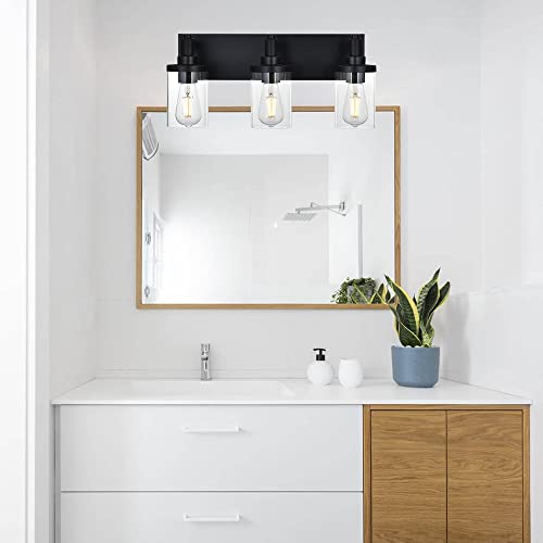 Image of Modern Vanity Lighting,3 Light Matte Black Bathroom Light, Vintage Wall Sconces Lighting with Clear Class Shade Industrial Bath Wall Mounted Lights for Mirror, Living Room, Bedroom Hallway