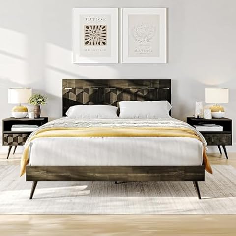 Bme Georgina Signature Mocha Bed Frame, Queen Bed Frame and Headboard Handcrafted Geometric, Mid Century Modern, Solid Acacia Wood, No Box Spring Needed, 12 Strong Wood Slats Support, Easy Assembly Cover