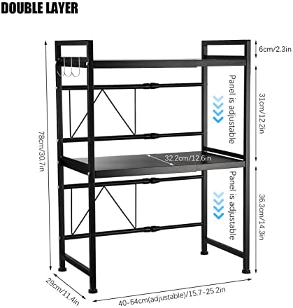 SEEZSSA Expandable Microwave Oven Rack, 3-Tier Kitchen Microwave Shelf with 3 Hooks, Height & Width Adjustable, Carbon Steel Kitchen Storage Organizer Counter Shelf Stand, White (40-64 x 29 x 78 cm)