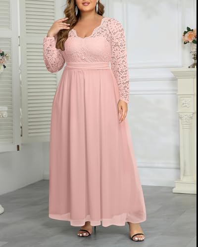 Image of Talisea Plus Size Formal Wedding Dresses - Gowns Evening Prom Elegant V Neck Long Sleeve Lace Chiffon Long Maxi Dress