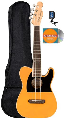 Fender Fullerton Telecaster コンサートサイズウクレレ - バタースコッチブロンドバンドル ギグバッグ、チューナー、オースティンバザールインストラクションDVD付き