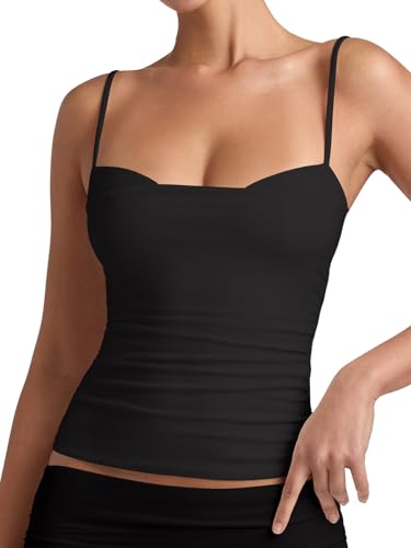 PINKMSTYLE Double Lined Camisole Tops for Women Spaghetti Strap Tank Top Sleeveless Slim Fit Ruched Summer Shirt Black Medium