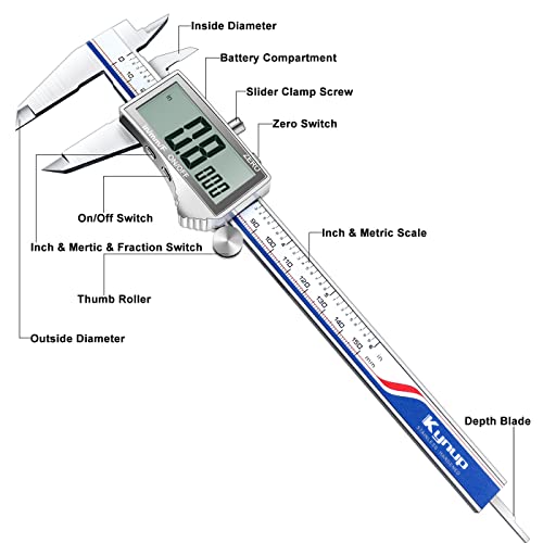 Kynup Digital Caliper, Caliper Measuring Tool With Large Lcd Screen, Micrometer Caliper, Stainless Steel, Screen Splash Proof, Easy Switch From Inch Metric Fraction (6 Inch) #TOP6