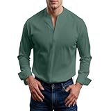 MLUTJINOO Mens Long Sleeve Shirts Casual, Men's Dress Stylish Collarless Business Formal Wedding Shirt Black Dress Men Button Down Shirts Tall Linen Fall Shirts Up Soft (XL, Green)