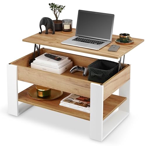 defiPad Couchtisch Höhenverstellbar mit Stauraum | Wohnzimmertisch Klappbar | Höhenverstellbarer Coffee Table | Couchtische Ausziehbar | Wohnzimmer Tisch Eiche (Weiß + Eiche)
