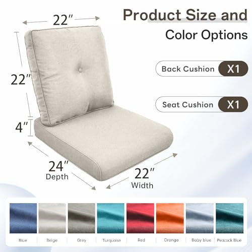 Image of Luxury 4 inch Thick Outdoor Cushion Set of 9 - 22x24 Patio Furniture Cushions with 28D High-Density Foam, Water-Resistant & Fade-Resistant Fabric, Removable Covers for Patio Furniture Sofa Couch -Beige