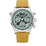 FEICE Orologio al quarzo da uomo, impermeabile, cronografo, quadrante di lusso, lancette luminose, display 24 ore, data, calendario, cinturino in pelle, Verde, Stile Disk Mountain