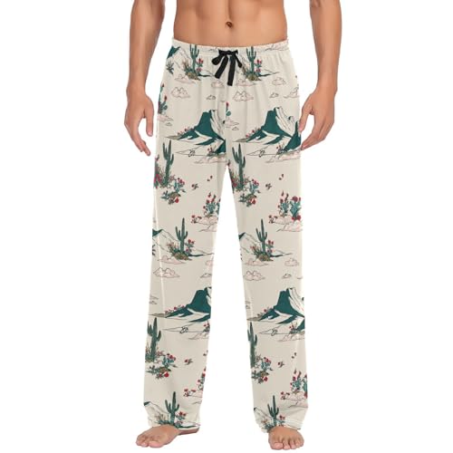 Men’s Desert Cacti Pajama Pants with Pockets, Comfortable Lounge Sleep Bottoms#697