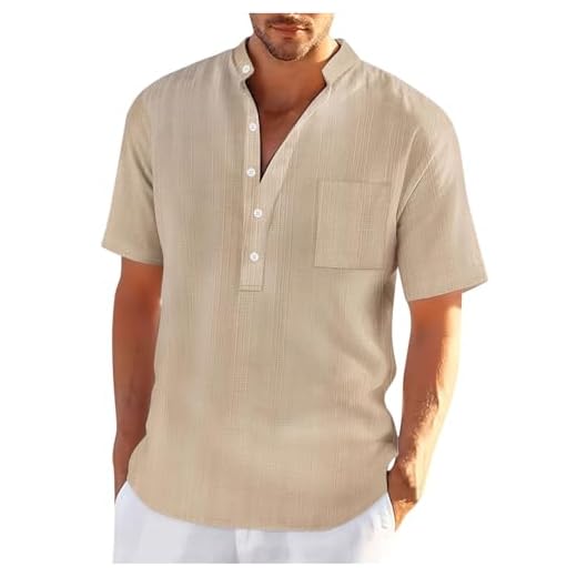 Chemise Col Mao Homme Lin Manche Courte Décontractée Chemises Hommes Couleur Unie Business Casual Bouton Henley Shirts Regular Fit Chemisier de Plage Leger Respirant Haut Tops Pas Cher