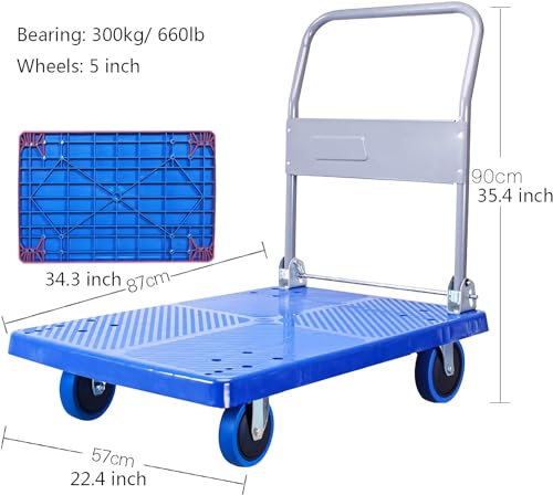 Platformwagen met kunststof dek, met opvouwbare metalen handgreep en stille wielen, duwwagen, ideaal voor gebruik op kantoor/thuis